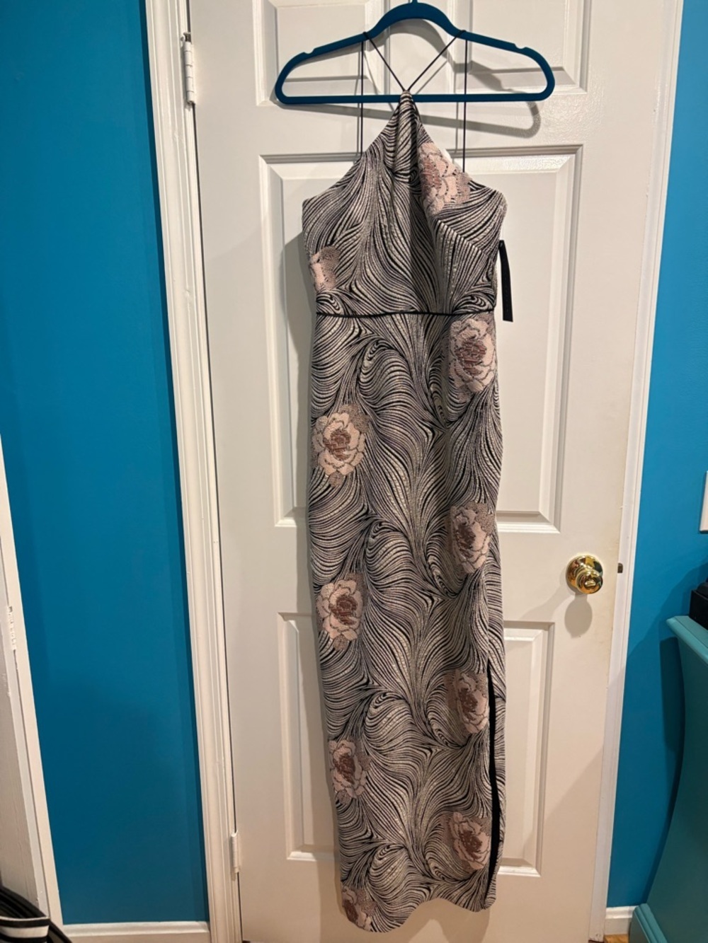 Aidan Mattox maxi jersey floral dress gown wedding guest 6 black taupe new